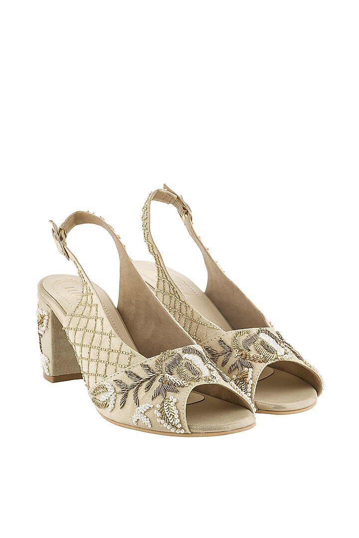 Light Gold Hand Embroidered Wedges by Leonish By Nidhi Sheth at Pernia's Pop Up Shop