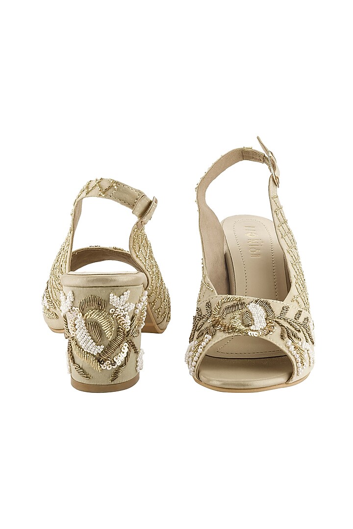Light Gold Hand Embroidered Wedges by Leonish By Nidhi Sheth at Pernia's Pop Up Shop