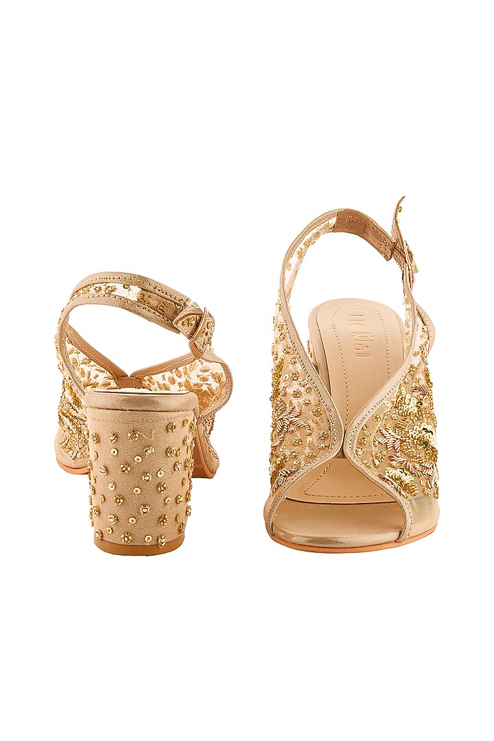 Golden Hand Embroidered Block Heels by Leonish By Nidhi Sheth at Pernia's Pop Up Shop