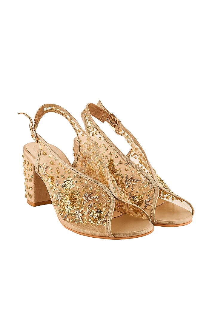 Golden Hand Embroidered Block Heels by Leonish By Nidhi Sheth at Pernia's Pop Up Shop