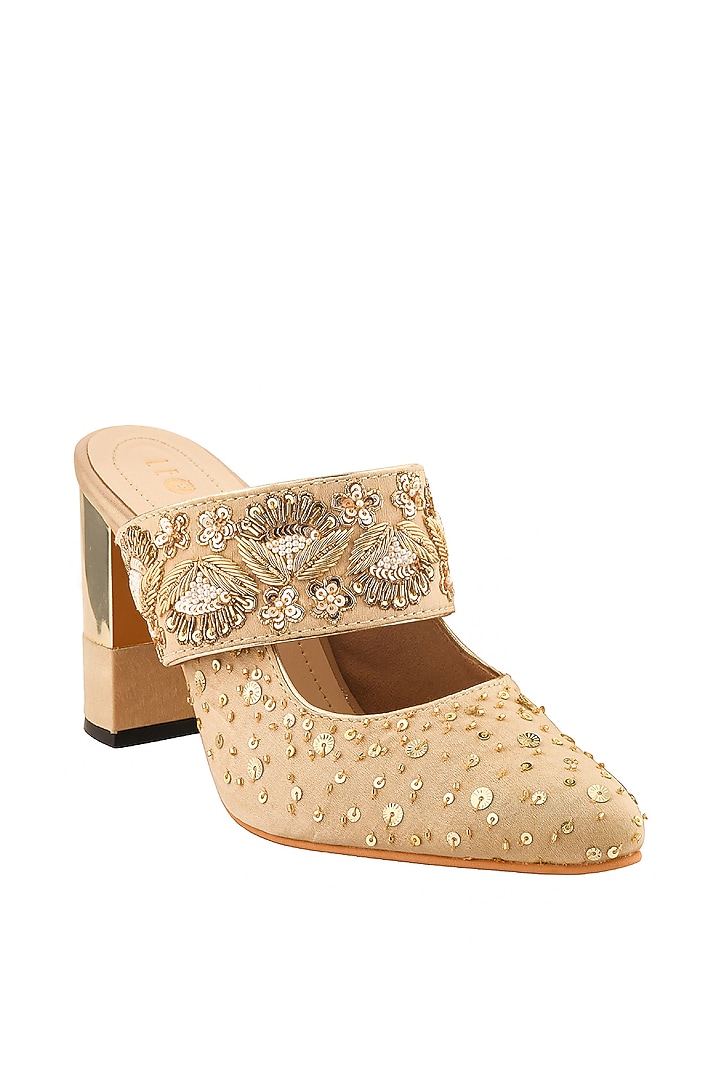 Golden Sequins Hand Embroidered Block Heels by Leonish By Nidhi Sheth at Pernia's Pop Up Shop