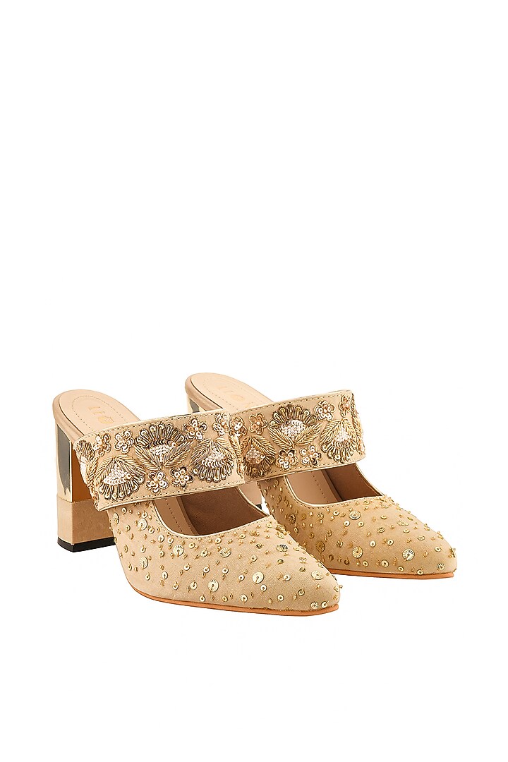 Golden Sequins Hand Embroidered Block Heels by Leonish By Nidhi Sheth at Pernia's Pop Up Shop