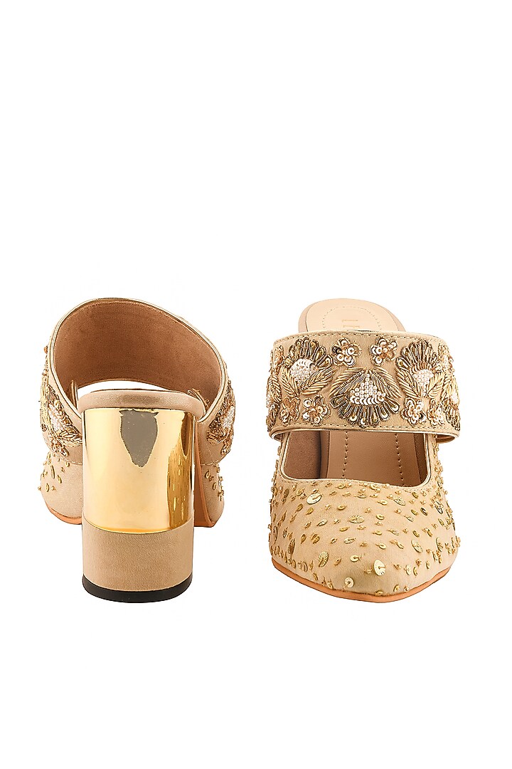 Golden Sequins Hand Embroidered Block Heels by Leonish By Nidhi Sheth at Pernia's Pop Up Shop