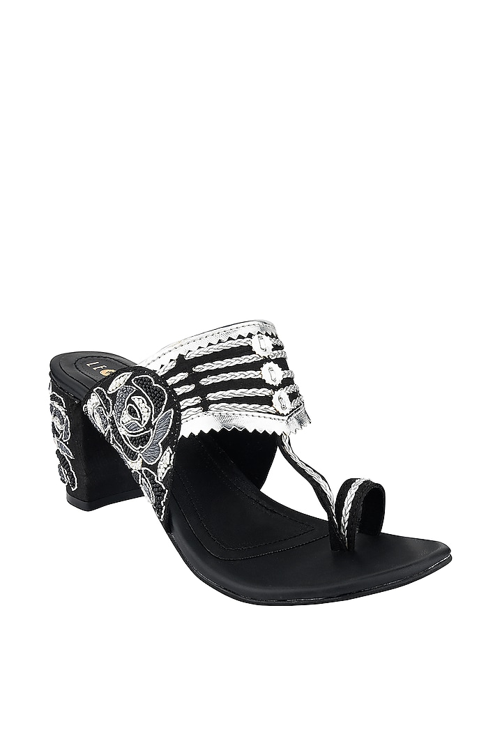 Black & Silver Hand Embroidered Kolhapuri Block Heels by Leonish By Nidhi Sheth at Pernia's Pop Up Shop