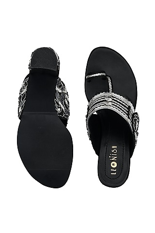 Black & Silver Hand Embroidered Kolhapuri Block Heels by Leonish By Nidhi Sheth