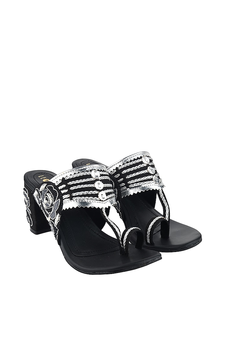 Black & Silver Hand Embroidered Kolhapuri Block Heels by Leonish By Nidhi Sheth at Pernia's Pop Up Shop
