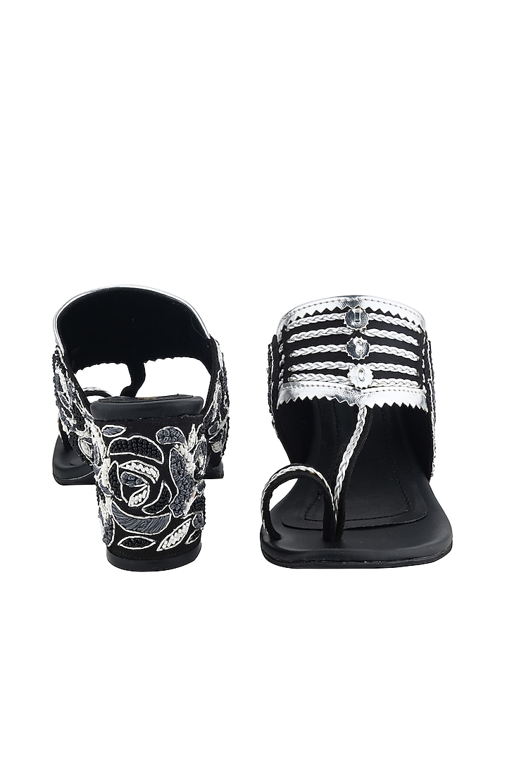 Black & Silver Hand Embroidered Kolhapuri Block Heels by Leonish By Nidhi Sheth at Pernia's Pop Up Shop