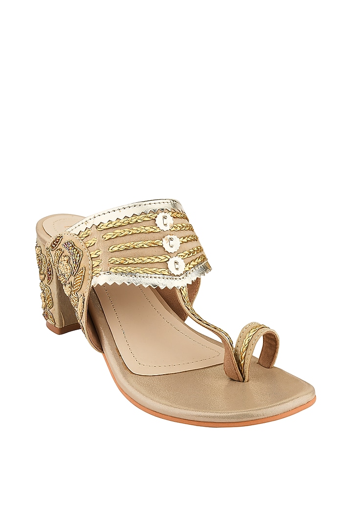 Golden Hand Embroidered Kolhapuri Block Heels by Leonish By Nidhi Sheth at Pernia's Pop Up Shop