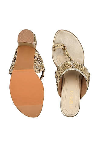 Golden Hand Embroidered Kolhapuri Block Heels by Leonish By Nidhi Sheth