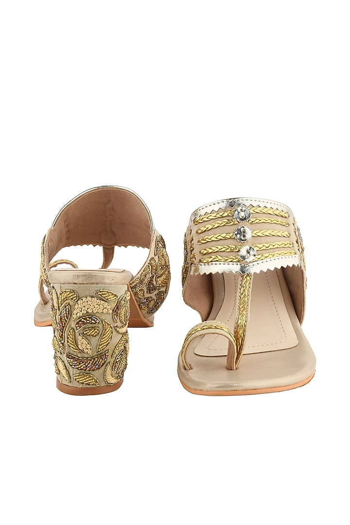 Golden Hand Embroidered Kolhapuri Block Heels by Leonish By Nidhi Sheth at Pernia's Pop Up Shop