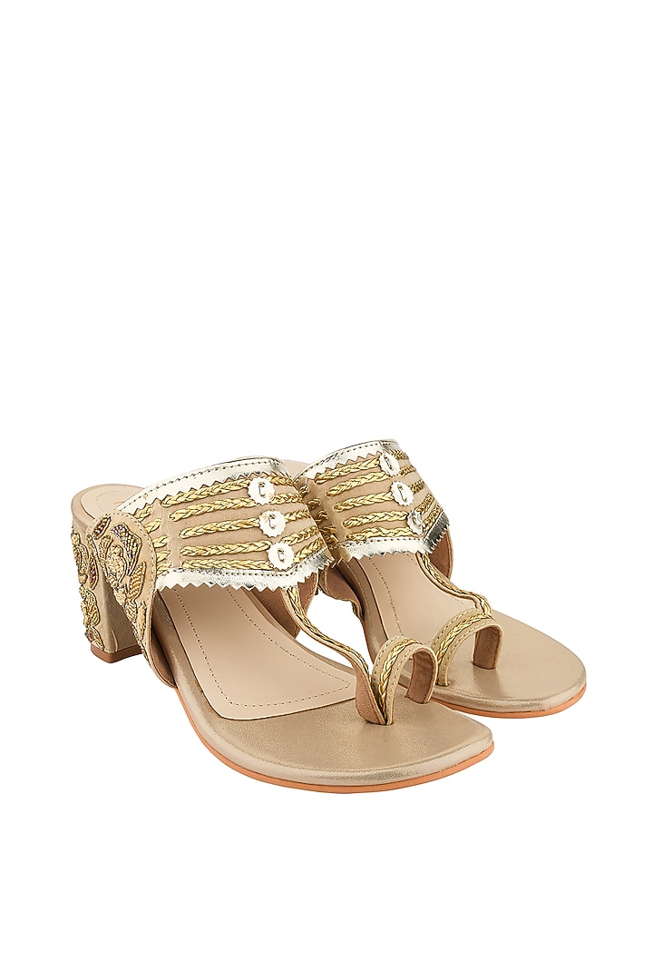 Golden Hand Embroidered Kolhapuri Block Heels by Leonish By Nidhi Sheth at Pernia's Pop Up Shop