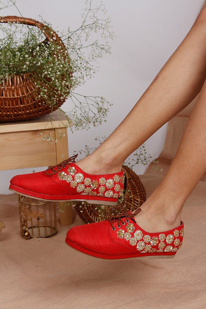 Red Hand Embroidered Sneakers by Leonish By Nidhi Sheth
