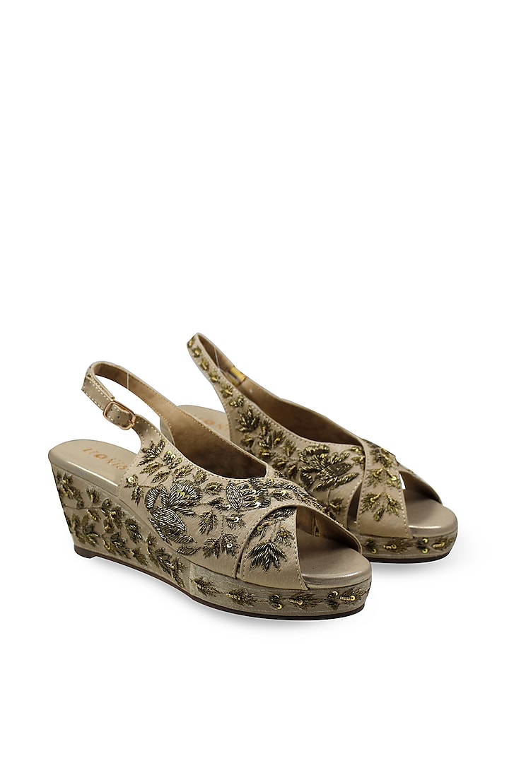 Light Golden Hand Embroidered Wedges by Leonish By Nidhi Sheth at Pernia's Pop Up Shop