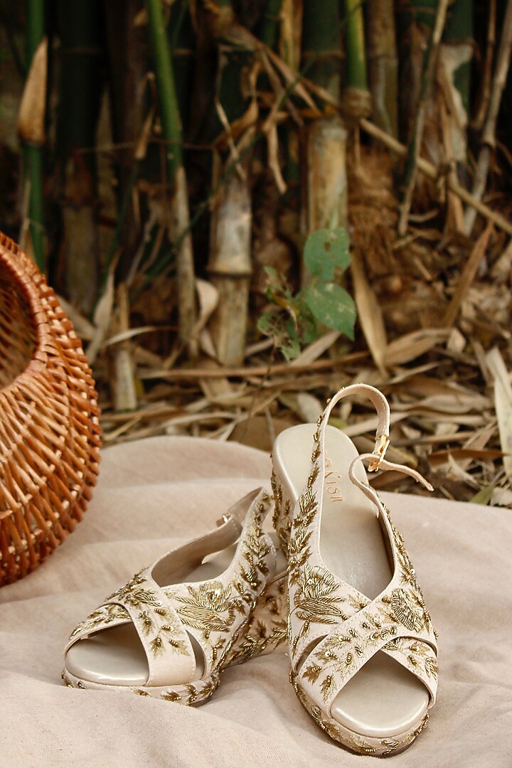 Light Golden Hand Embroidered Wedges by Leonish By Nidhi Sheth at Pernia's Pop Up Shop