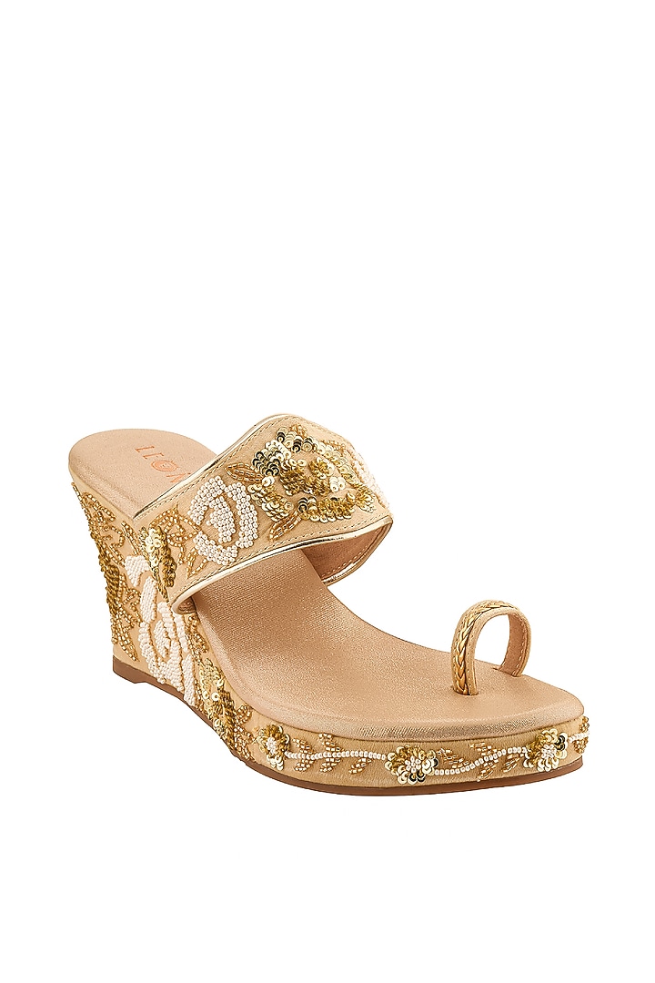 Golden Hand Embroidered Wedges by Leonish By Nidhi Sheth at Pernia's Pop Up Shop