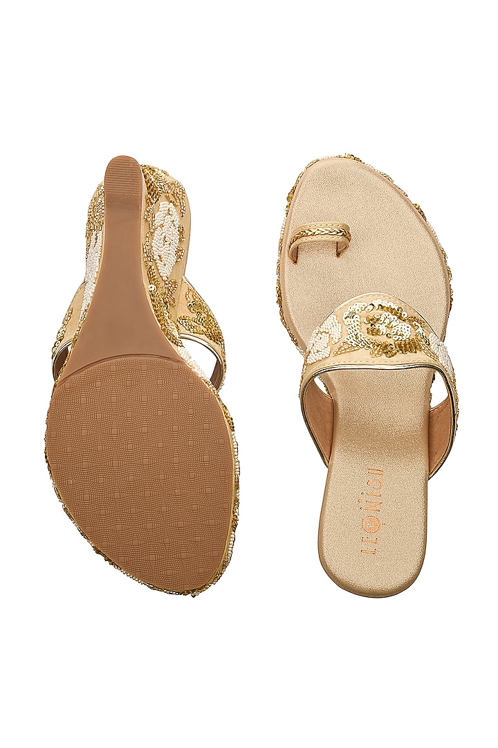 Golden Hand Embroidered Wedges by Leonish By Nidhi Sheth