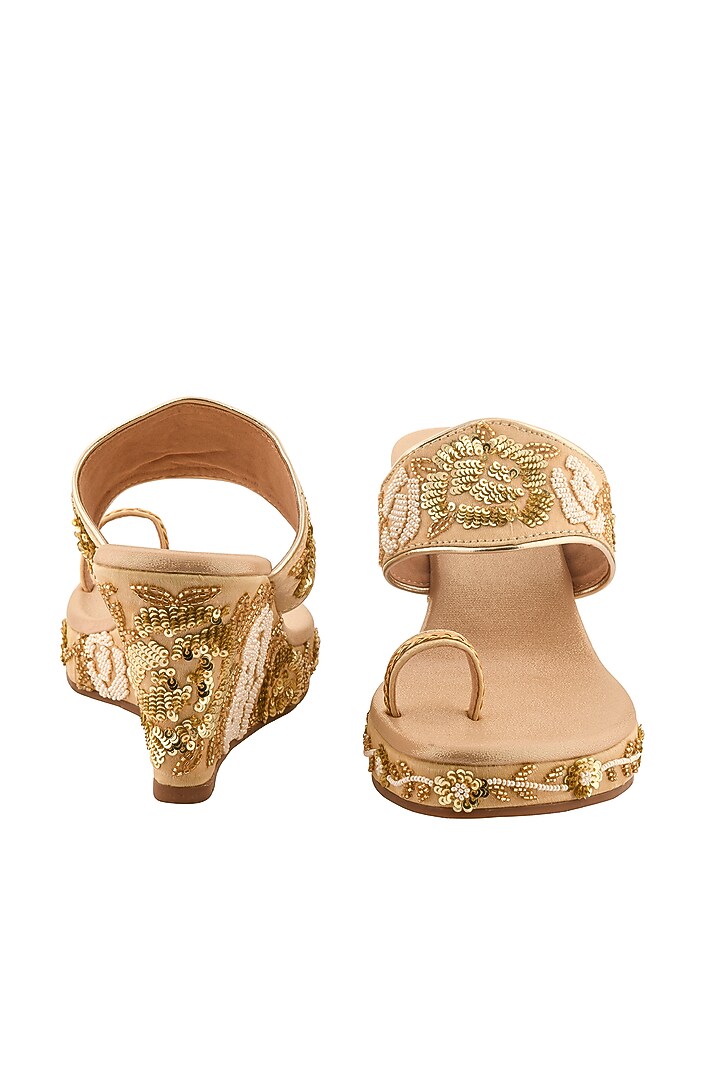 Golden Hand Embroidered Wedges by Leonish By Nidhi Sheth at Pernia's Pop Up Shop