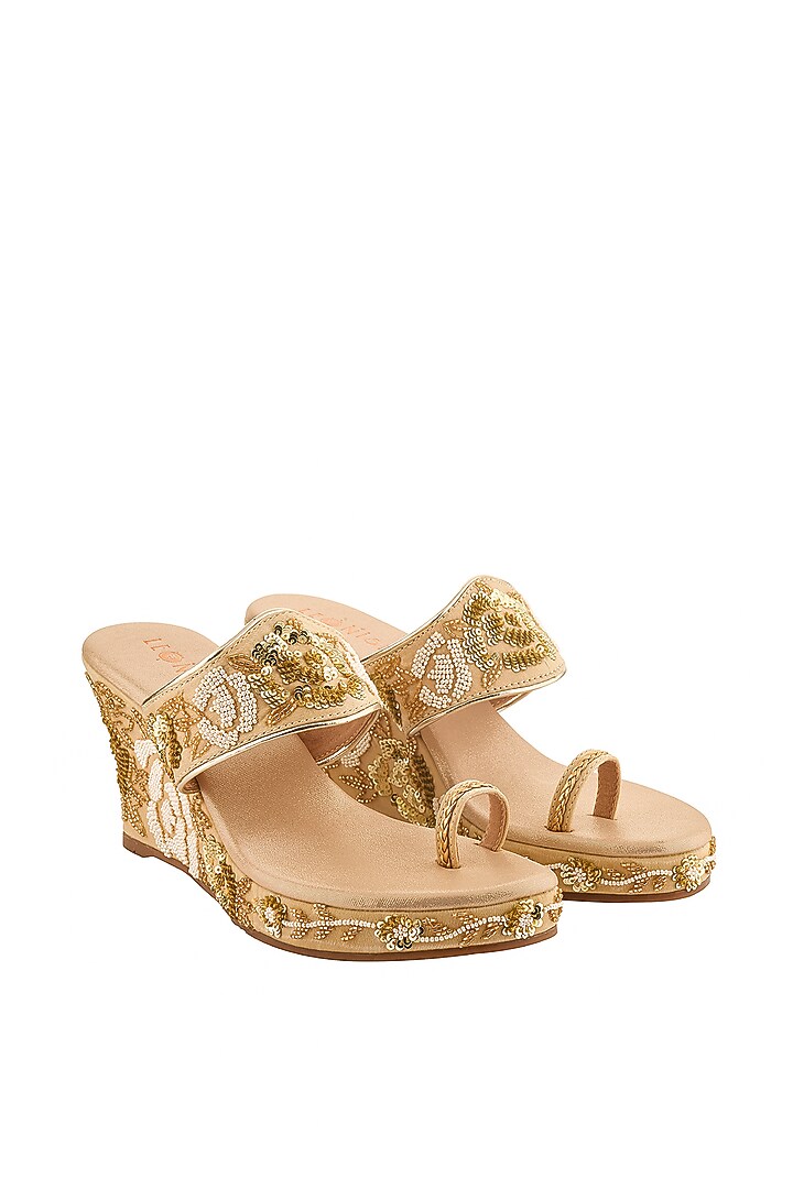 Golden Hand Embroidered Wedges by Leonish By Nidhi Sheth at Pernia's Pop Up Shop