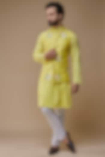 Yellow Raw Silk Hand-Painted Nehru Jacket Set by Label Neha saxena