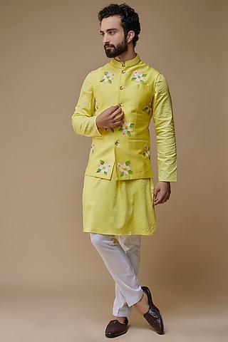 Yellow Raw Silk Hand-Painted Nehru Jacket Set by Label Neha saxena