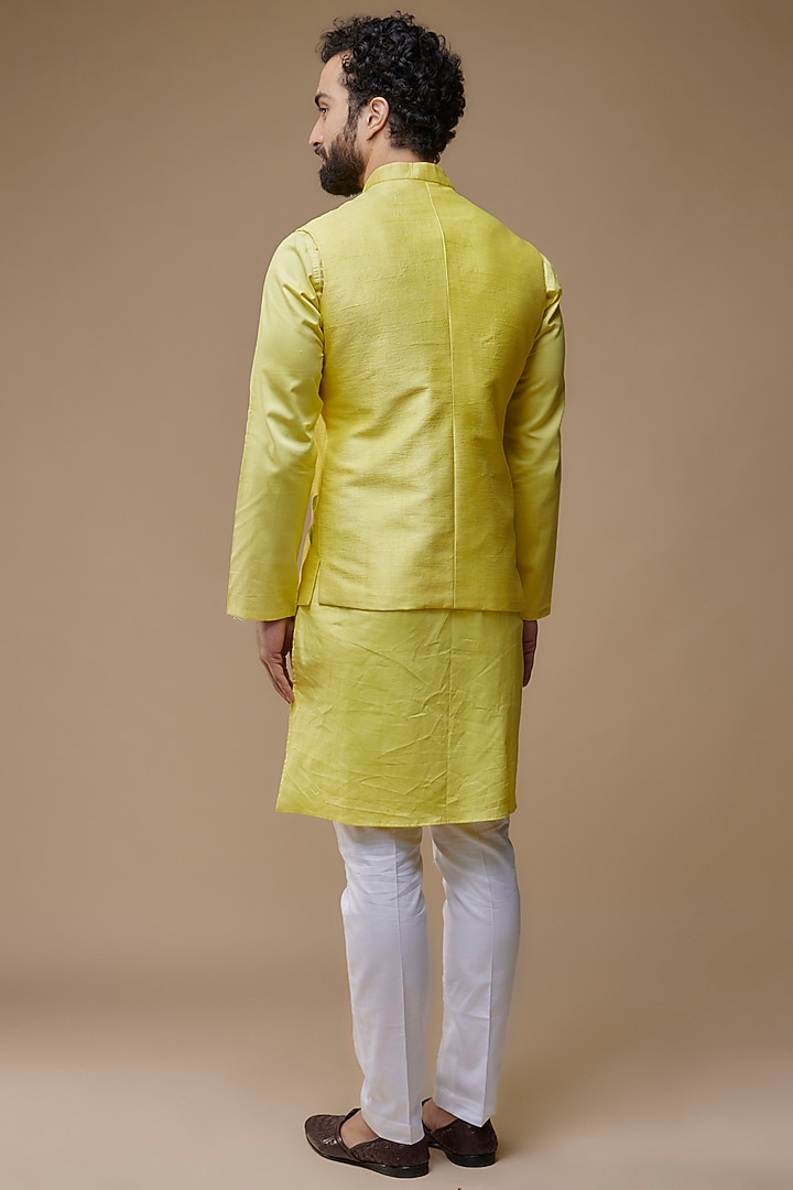 Yellow Raw Silk Hand-Painted Nehru Jacket Set by Label Neha saxena at Pernia's Pop Up Shop