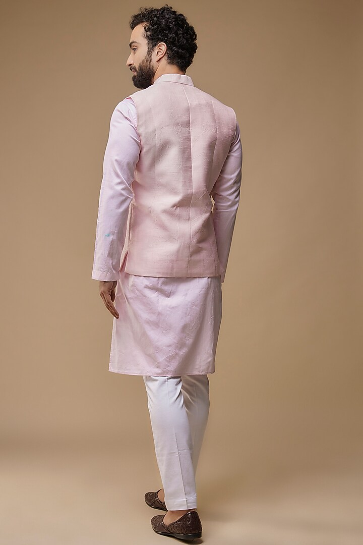 Pink Raw Silk Hand-Painted Nehru Jacket Set by Label Neha saxena at Pernia's Pop Up Shop