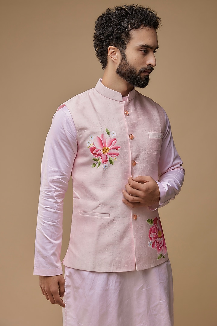 Pink Raw Silk Hand-Painted Nehru Jacket Set by Label Neha saxena at Pernia's Pop Up Shop