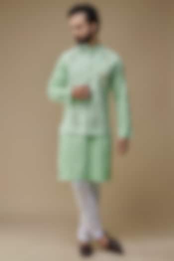 Mint Green Raw Silk Hand-Painted Nehru Jacket Set by Label Neha saxena