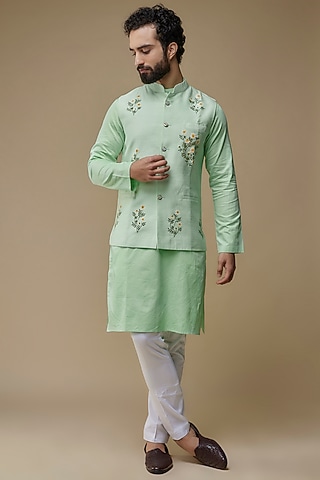 Mint Green Raw Silk Hand-Painted Nehru Jacket Set by Label Neha saxena