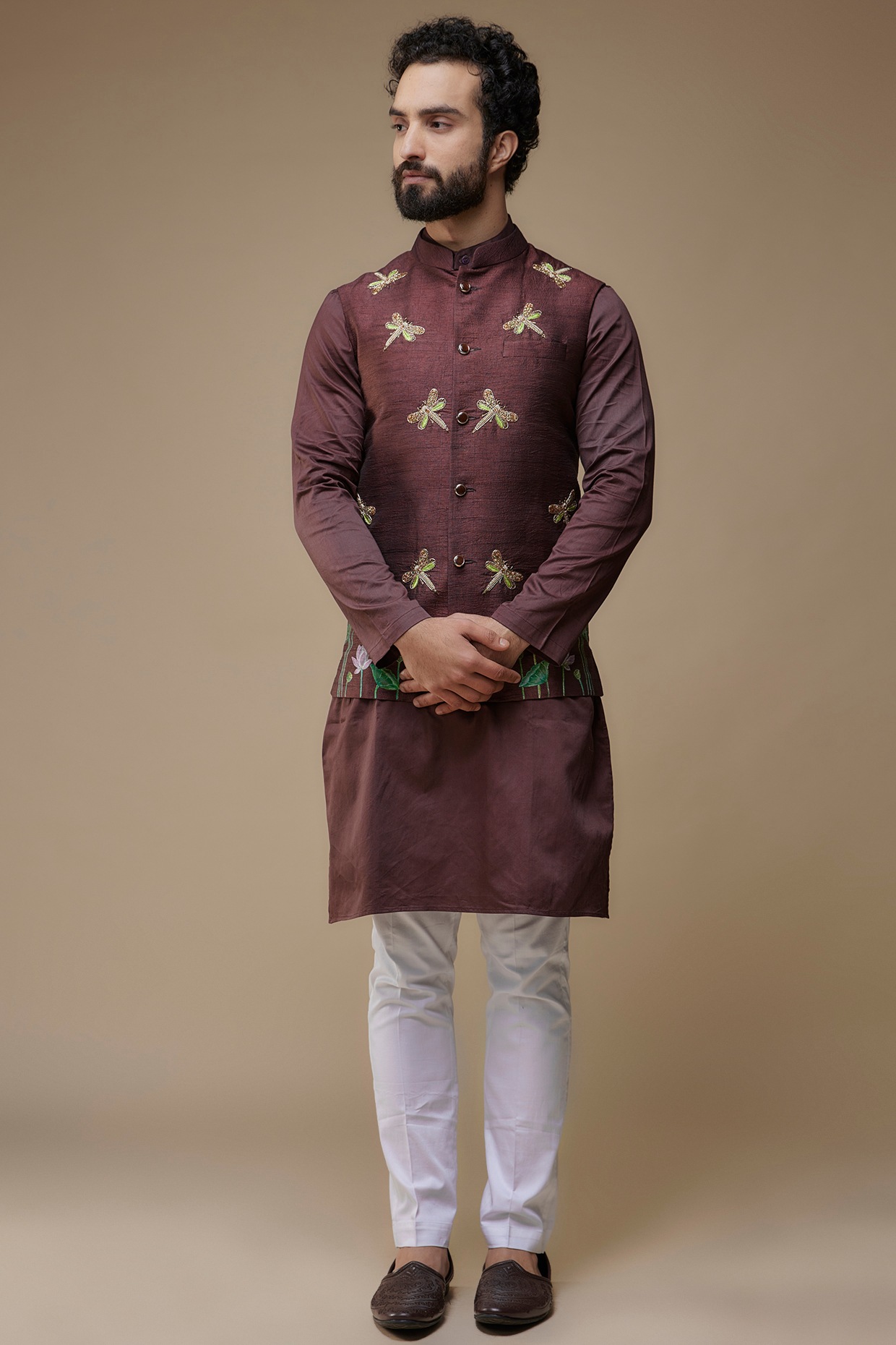 Wine Raw Silk Hand-Painted & Hand Embroidered Nehru Jacket Set Design by  Label Neha saxena at Pernia's Pop Up Shop 2024