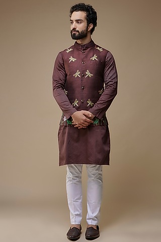 Wine Raw Silk Hand-Painted & Hand Embroidered Nehru Jacket Set by Label Neha saxena