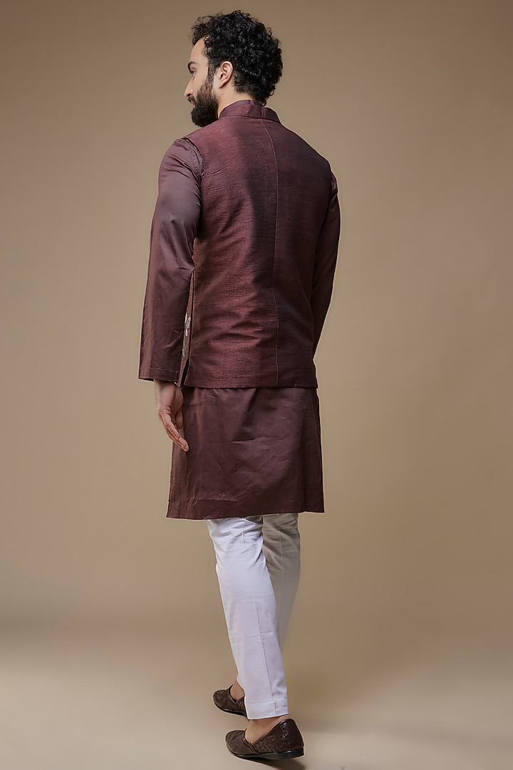 Wine Raw Silk Hand-Painted & Hand Embroidered Nehru Jacket Set by Label Neha saxena at Pernia's Pop Up Shop