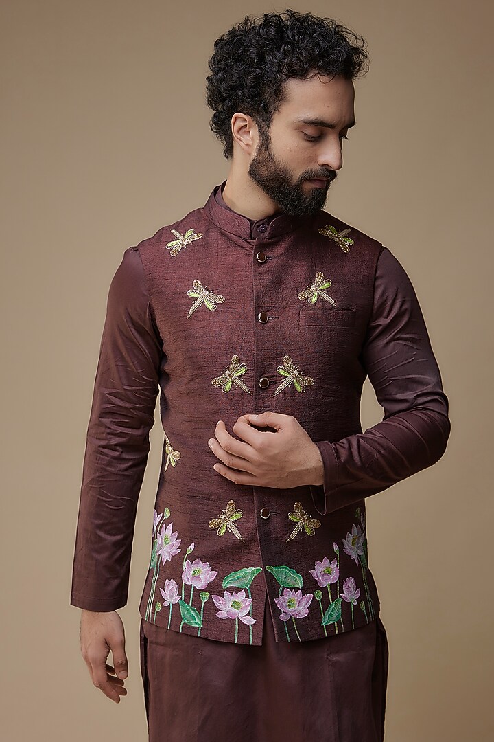 Wine Raw Silk Hand-Painted & Hand Embroidered Nehru Jacket Set by Label Neha saxena at Pernia's Pop Up Shop