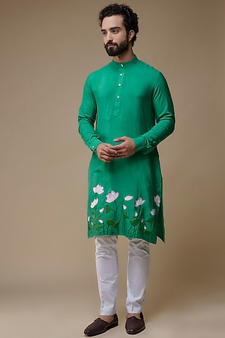 Green Cotton Hand-Painted Kurta Set by Label Neha saxena