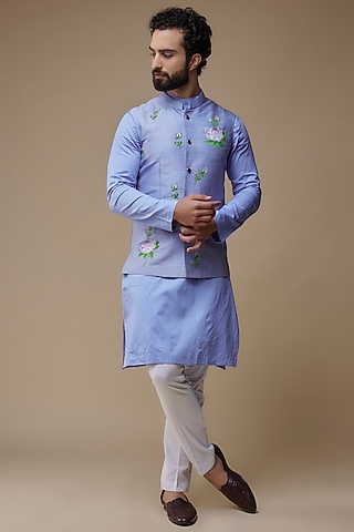 Purple Cotton Hand-Painted Nehru Jacket Set by Label Neha saxena