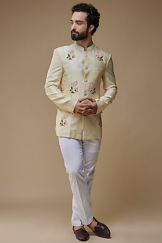 Ivory Raw Silk Hand-Painted Jodhpuri Set by Label Neha saxena