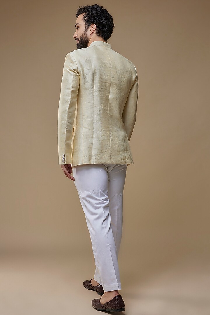 Ivory Raw Silk Hand-Painted Jodhpuri Set by Label Neha saxena at Pernia's Pop Up Shop