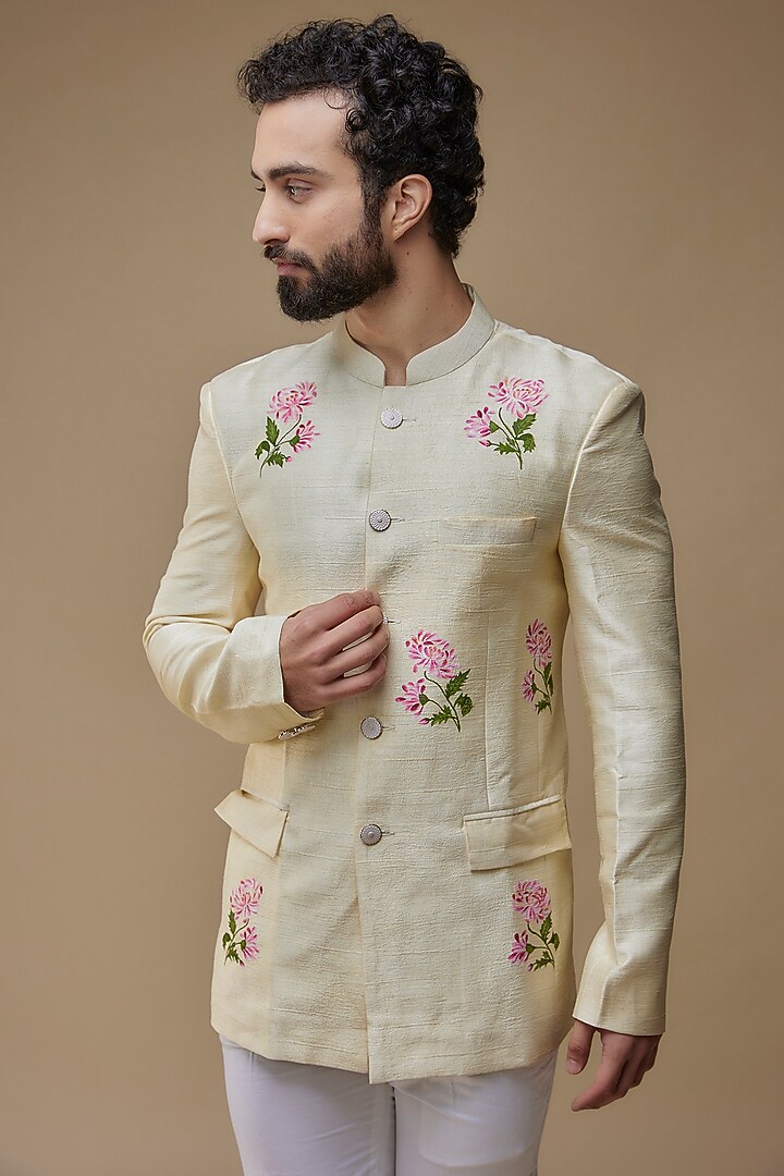 Ivory Raw Silk Hand-Painted Jodhpuri Set by Label Neha saxena at Pernia's Pop Up Shop