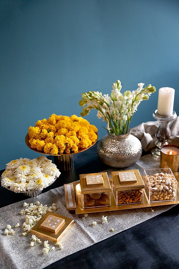 Gold Mother Of Pearl Tray & Jars Set by Logam