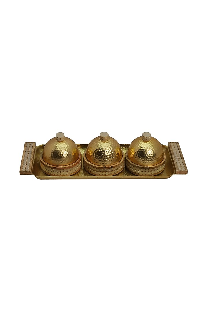 Gold Mango Wood & Aluminium Tray & Jars Set by Logam at Pernia's Pop Up Shop