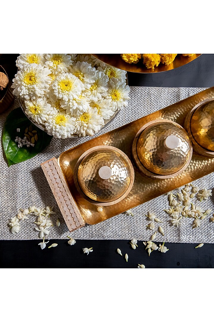Gold Mango Wood & Aluminium Tray & Jars Set by Logam at Pernia's Pop Up Shop