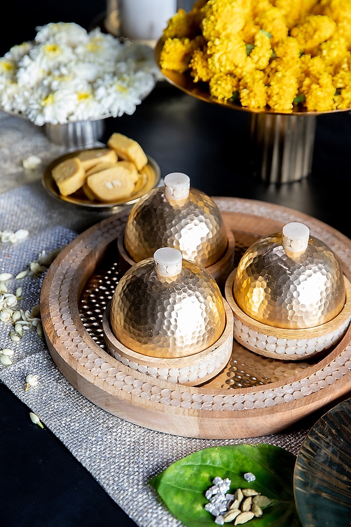 Gold Mother Of Pearl & Aluminium Tray & Jars Set by Logam at Pernia's Pop Up Shop