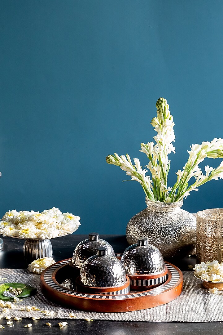 Nickel Mother Of Pearl & Aluminium Tray & Jars Set by Logam at Pernia's Pop Up Shop