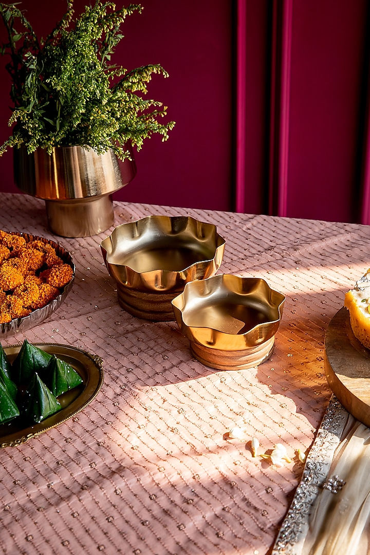 Natural Wood & Gold Mild Steel Decorative Bowl (Set Of 2) by Logam at Pernia's Pop Up Shop