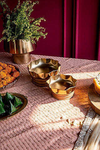 Natural Wood & Gold Mild Steel Decorative Bowl (Set Of 2) by Logam