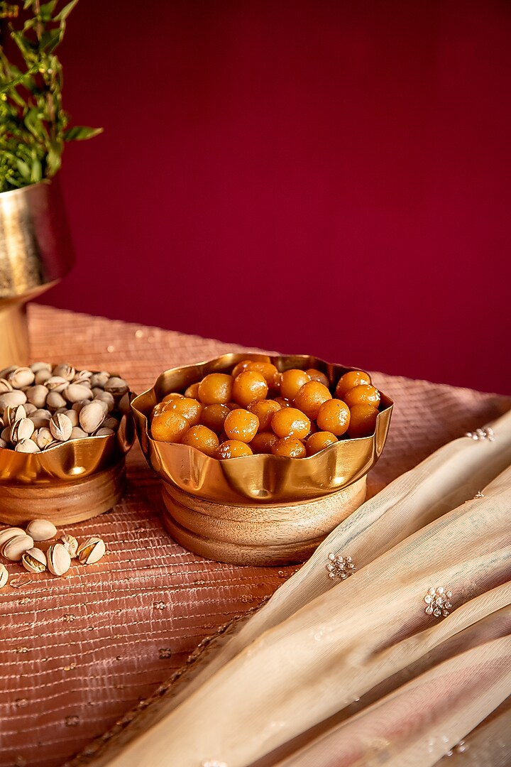 Natural Wood & Gold Mild Steel Decorative Bowl (Set Of 2) by Logam at Pernia's Pop Up Shop