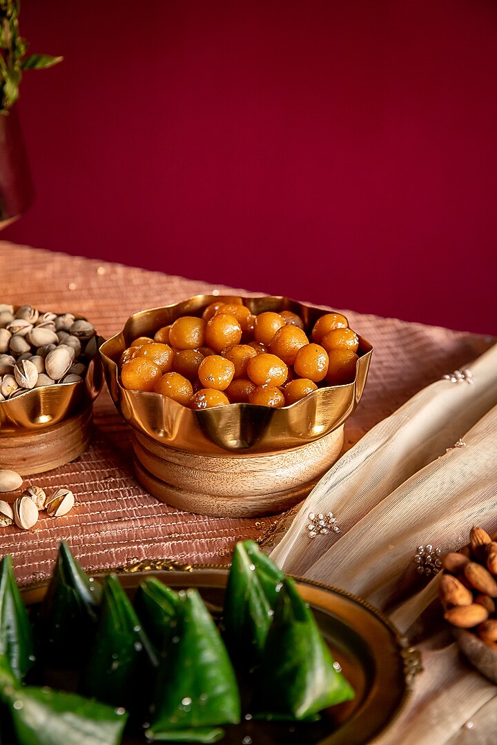 Natural Wood & Gold Mild Steel Decorative Bowl (Set Of 2) by Logam at Pernia's Pop Up Shop