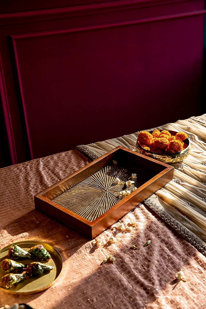 Gold Mango Wood & Aluminium Tray by Logam at Pernia's Pop Up Shop