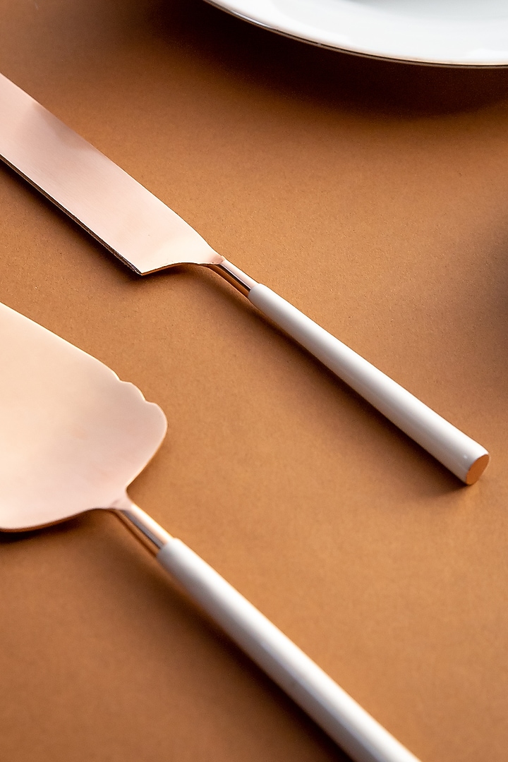 Copper & White Enamel Stainless Steel Cutlery (Set Of 3) by Logam at Pernia's Pop Up Shop