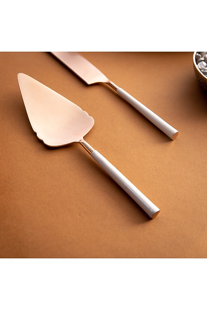 Copper & White Enamel Stainless Steel Cutlery (Set Of 3) by Logam at Pernia's Pop Up Shop